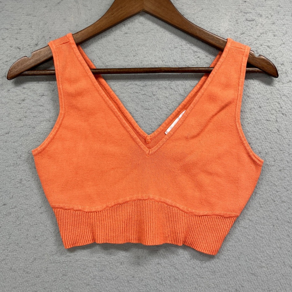 House of Harlow 1960 Crop Top Womens Medium Orange Ribbed Knit V Neck Sleeveless